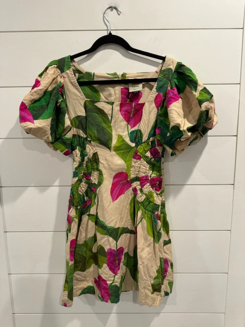 Farm Rio Anthurium Leaves Sand Short Sleeve Square Neckline Mini Dress - Picture 4 of 9